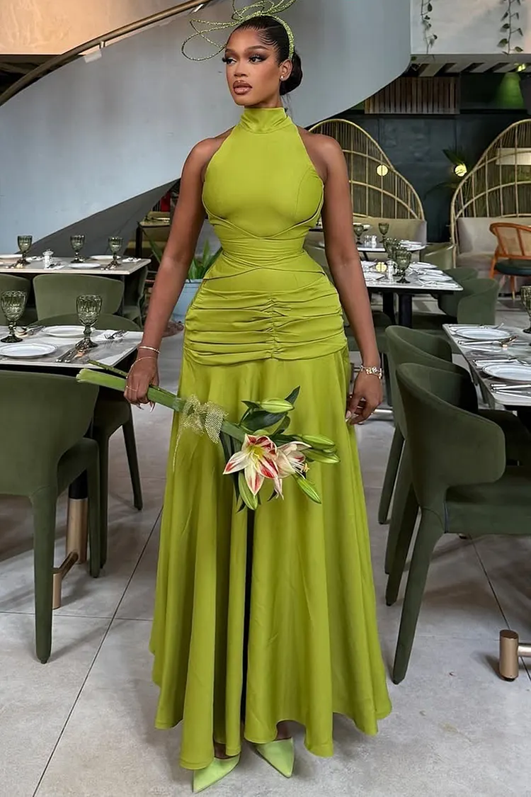 Mock Neck Off Shoulder Ruched Evening Gowns Maxi Dresses-Green [Pre Order]