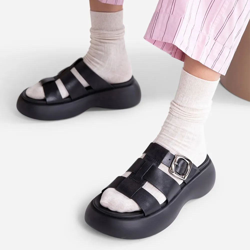 Black Open Round Toe Chunky Heel Buckle Strappy Platform Mules