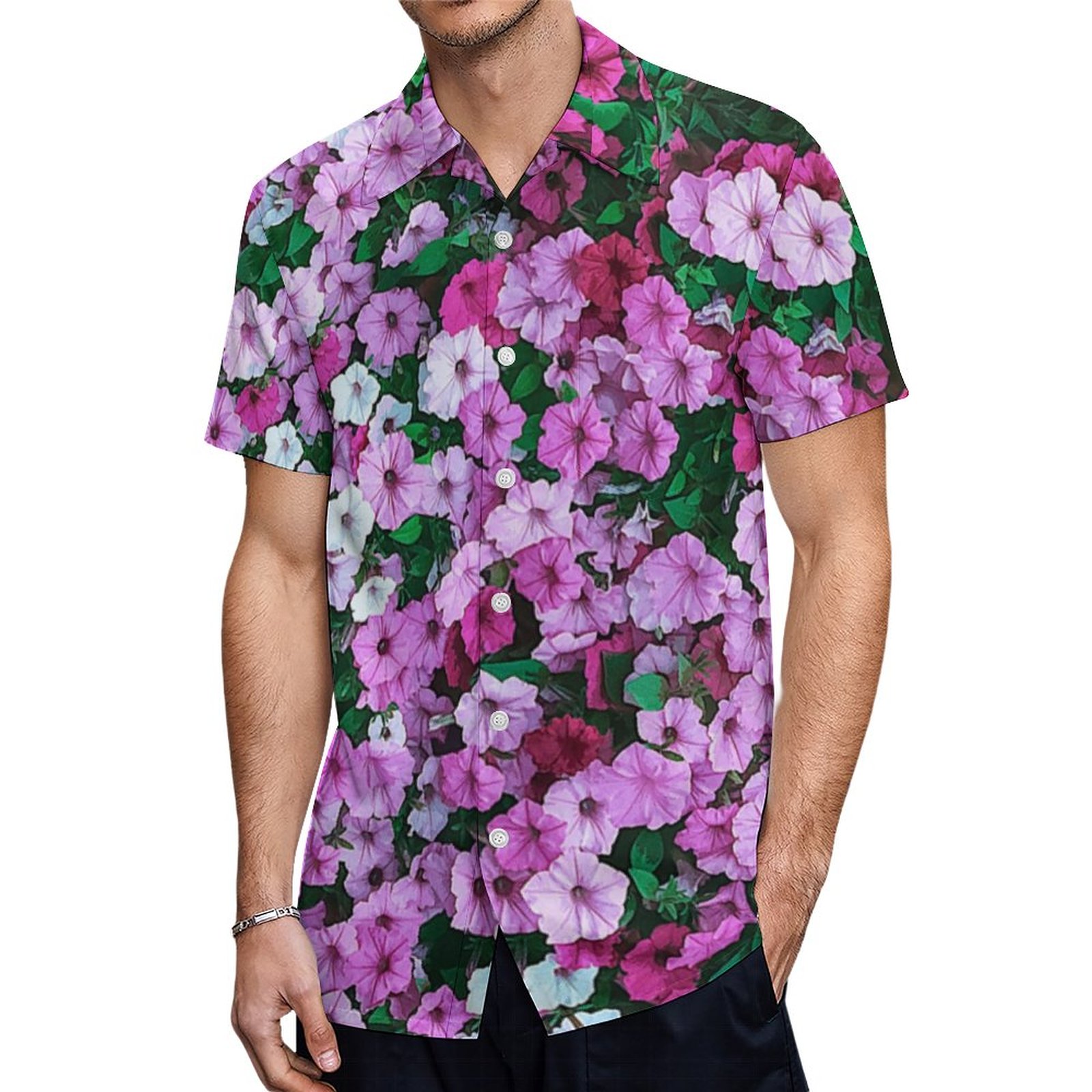 Elegant Pink Floral Daisies Acrylic Artwork Hawaiian Shirt Mens Button Down Tropical Hawaii Beach Shirts