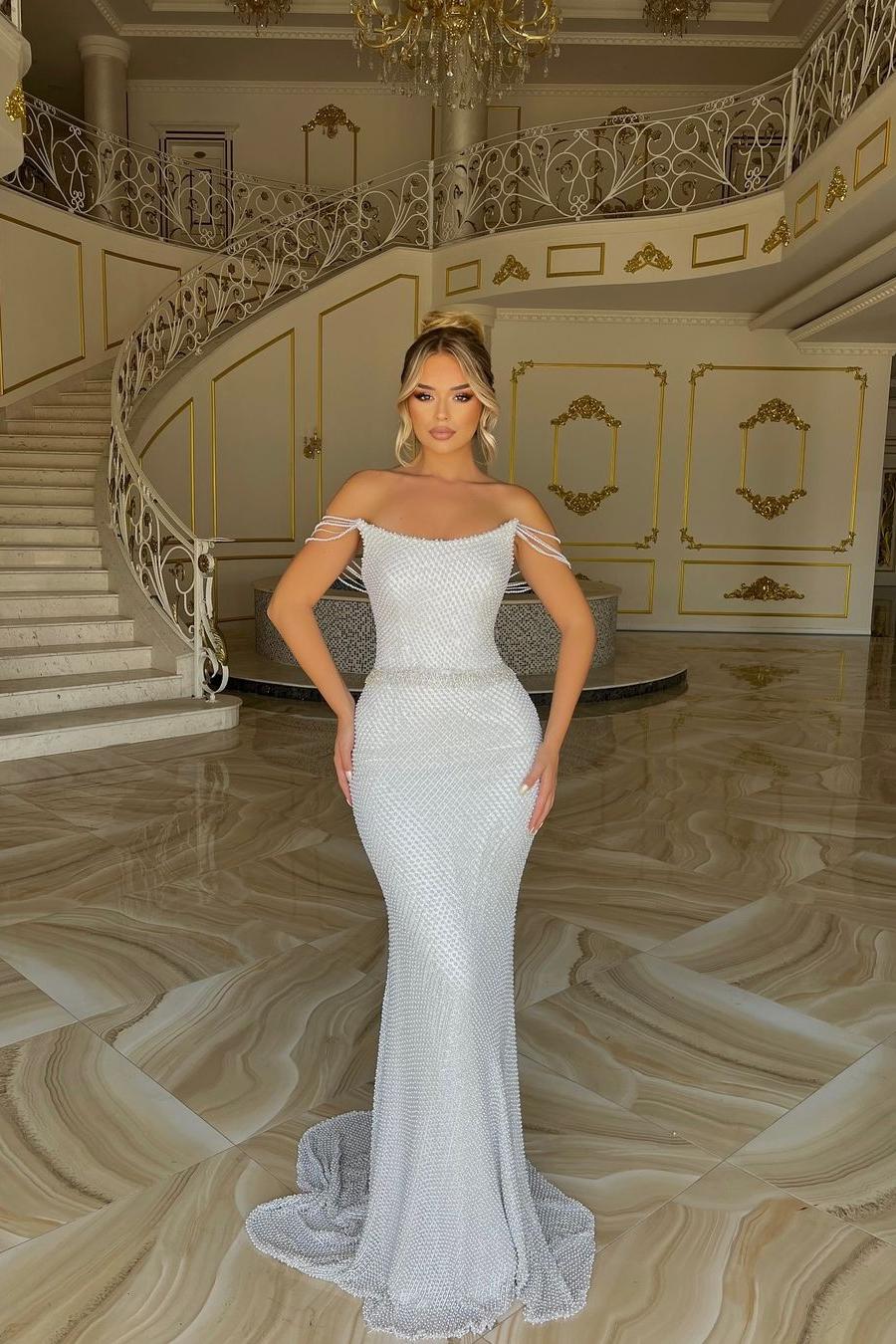 Exquisite Sequins White Strapless Mermaid Prom Dress with Beadings | MS0100 