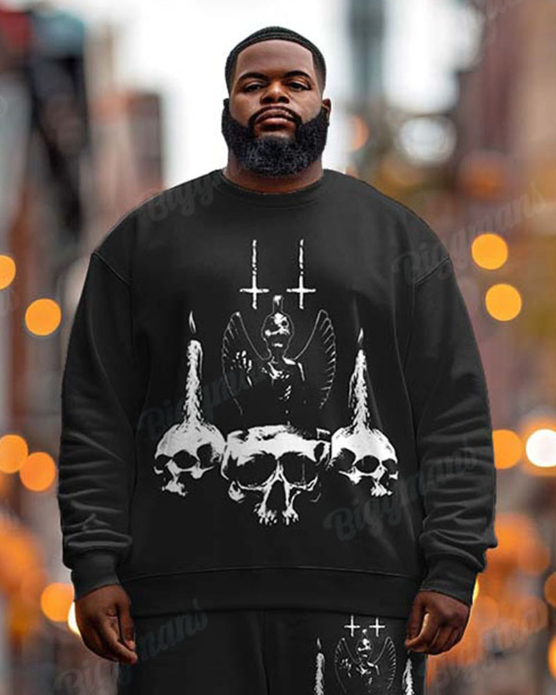 Mens Halloween Thriller Skull Cross Print Plus Size Crewneck Sweatshirt Suit