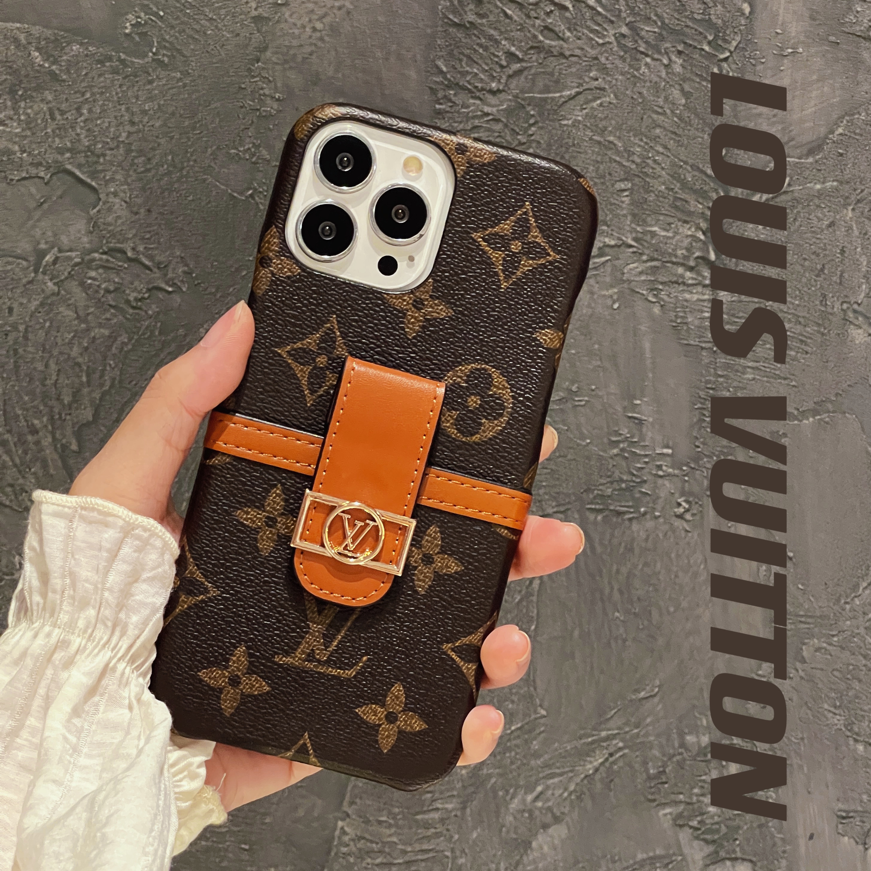 LV Canvas Leather Monogram Security Button Card Apple iPhone Case