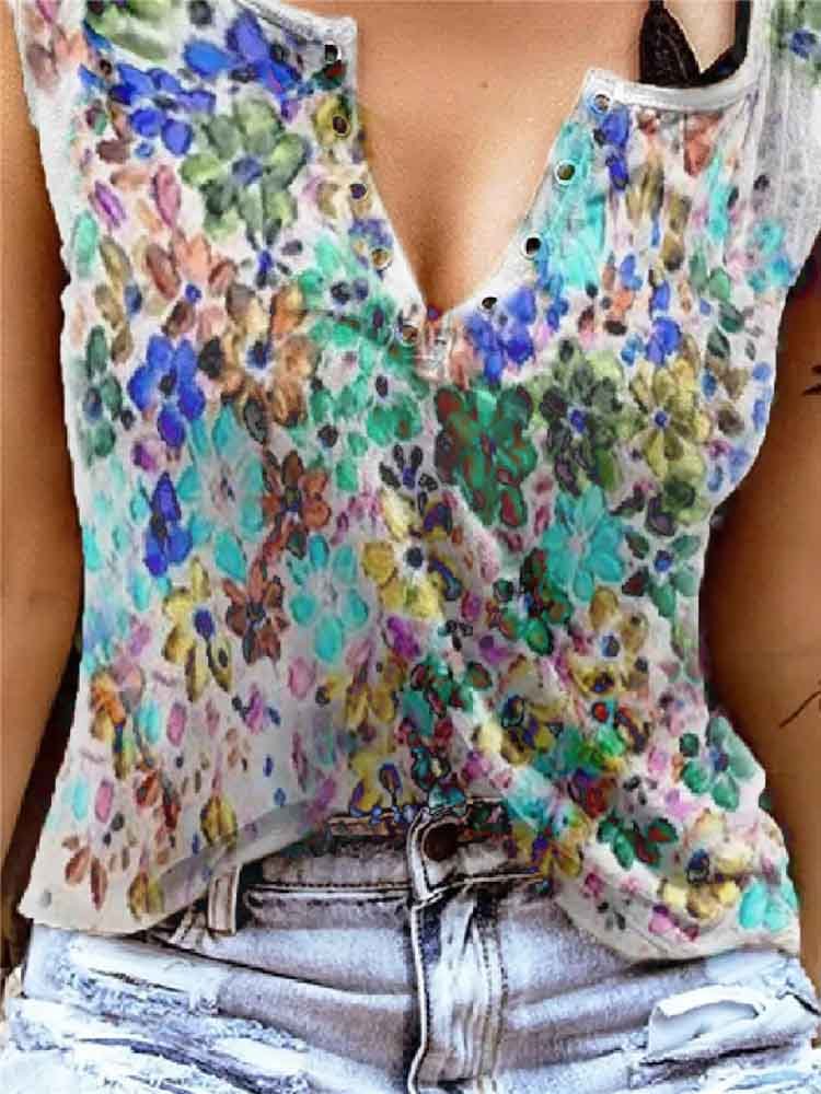 Women Sleeveless V-neck Printed Top Vest