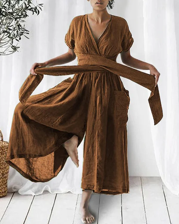 Solid Linen Relaxed Loose Tie Jumpsuit (Green In Stock)