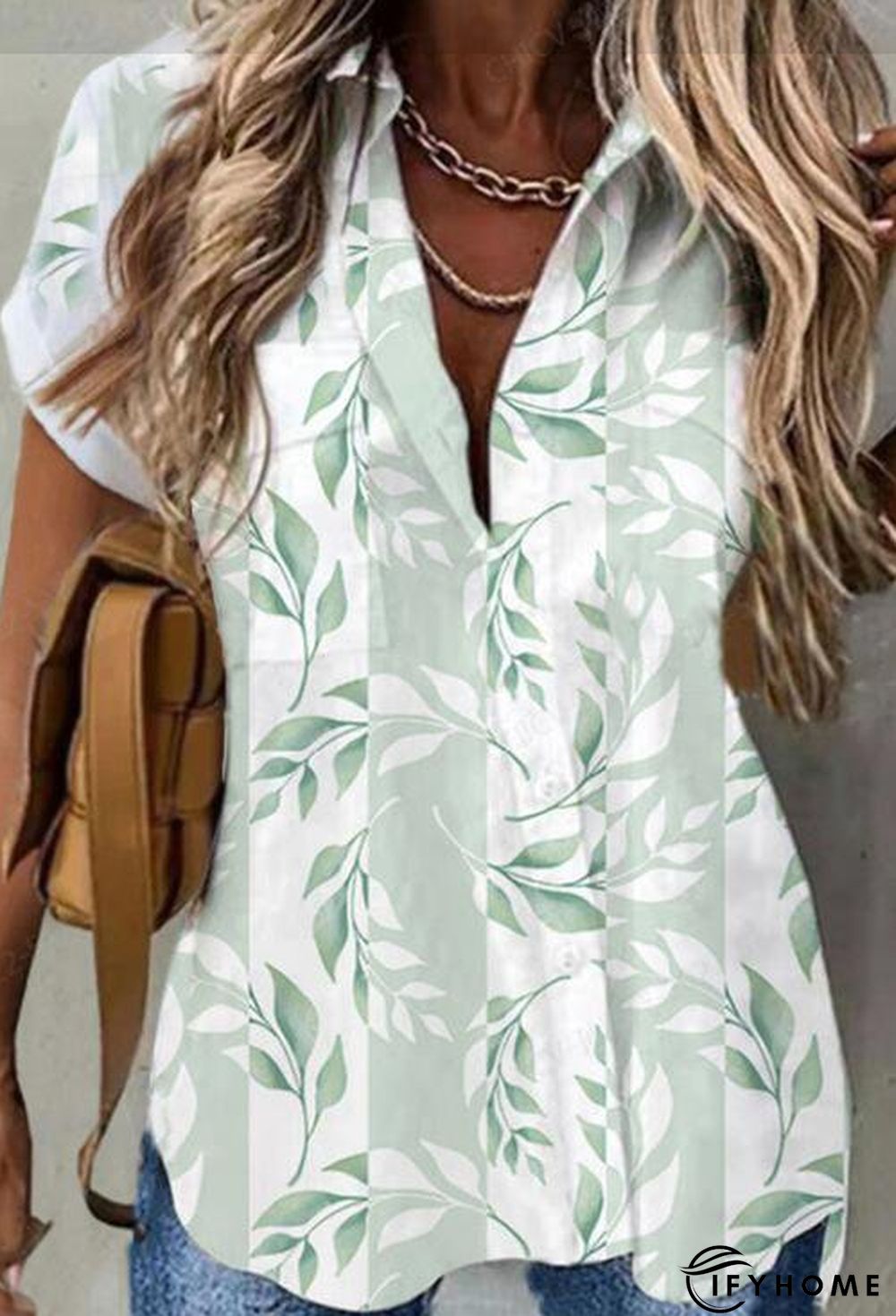 Shirt Collar Leaves Short Sleeve Blouse | IFYHOME