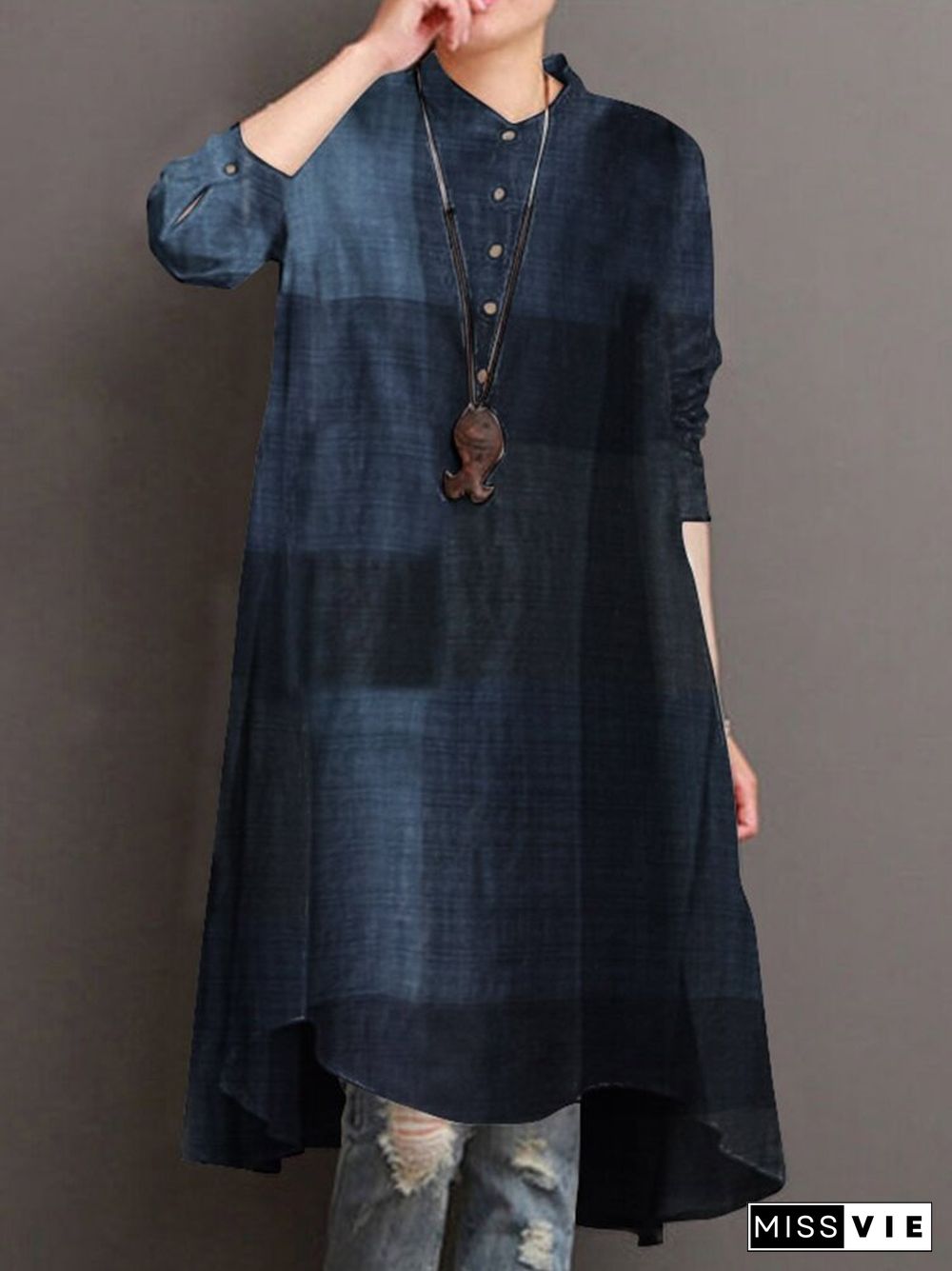 Plaid Print Stand Collar Long Sleeve Casual Shirt For Women