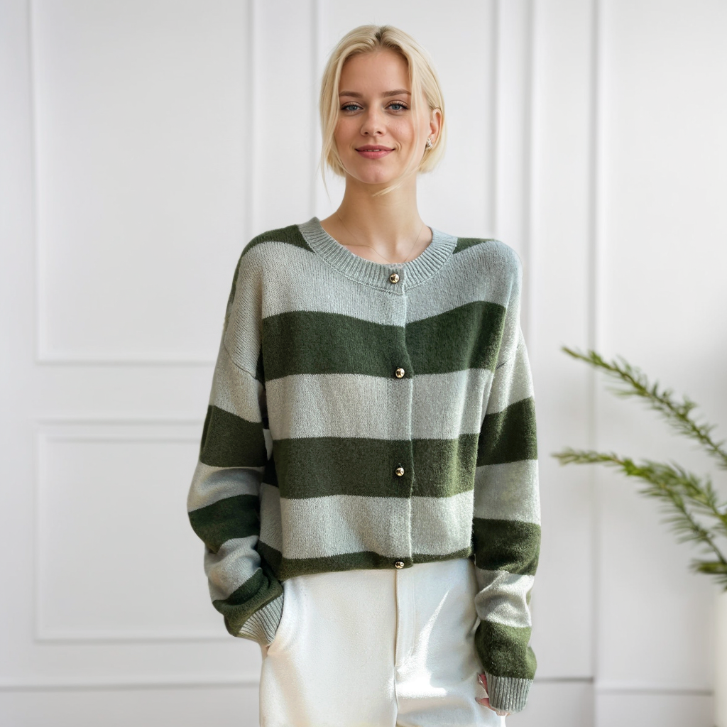 Women's Silk Cashmere Knit Cardigan Contrast Stripes REAL SILK LIFE