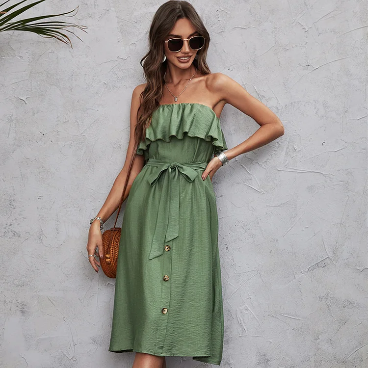 Women's Fashion Casual Shirt Slim Tube Top Midi Dress