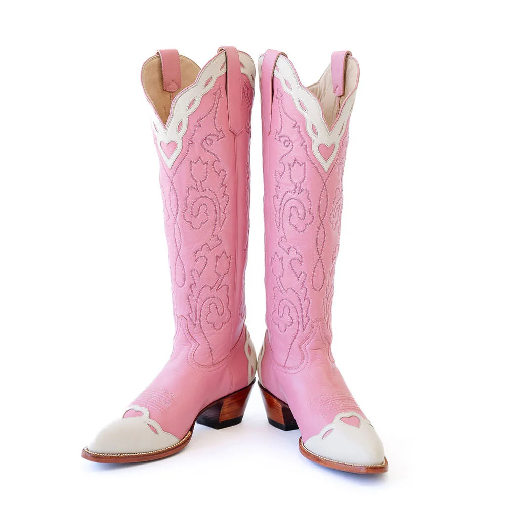 Pink & White Almond Toe Stitch Chunky Heel Heart Inlay Cowgirl Boots