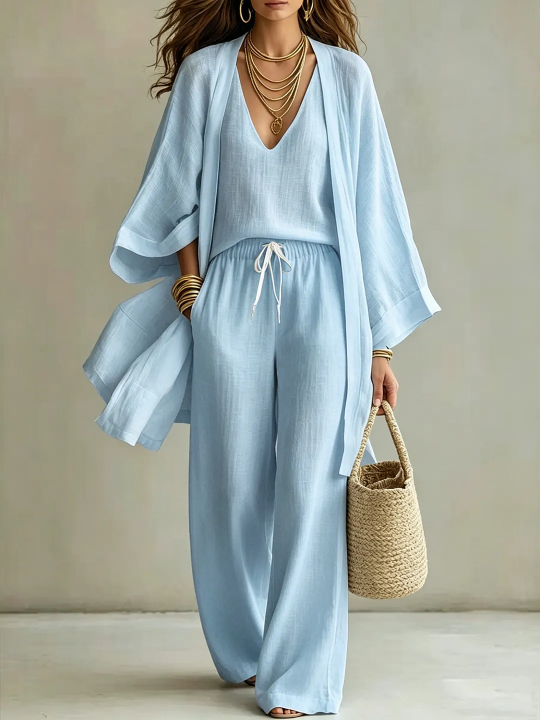 Women's 3 Pieces Linen Kimono Cardigan Tank & Wide Leg Pant Set