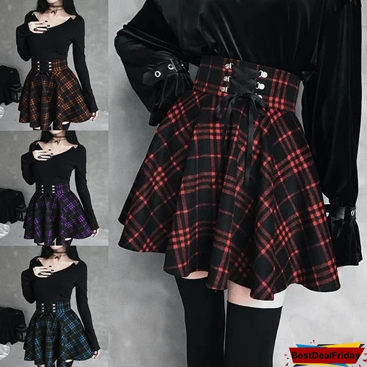 Gothic Style Womens Mini Plaid Skirt Summer Streetwear Casual High Waist Short Dresses Red Purple Skirts Plus Size