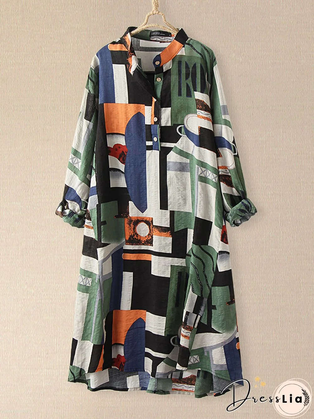 Plaid Loose Stand Collar Long Sleeve Casual Print Dress For Women