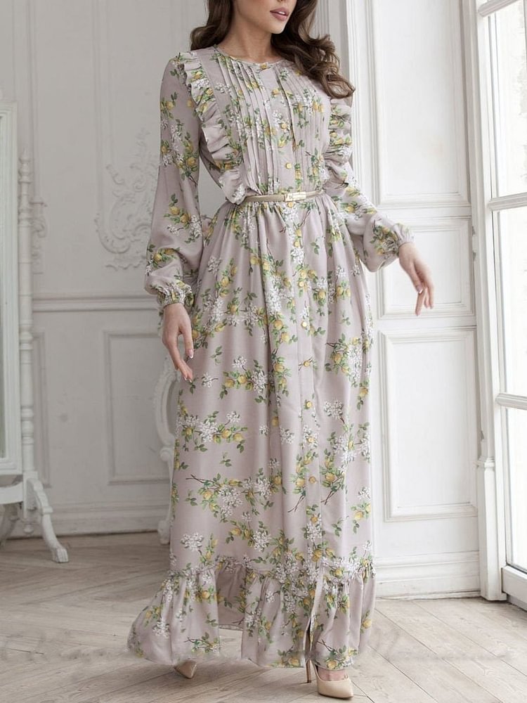 Round neck pleated floral printed maxi dress