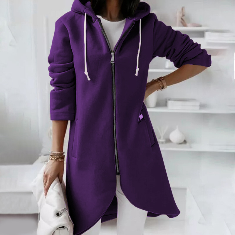 Aquavibeshop Autumn Women Long Hoodies Sweatshirt Coat Zip Up Solid Hooded Jacket Winter Casual Pockets Outwear Female Long Jackets