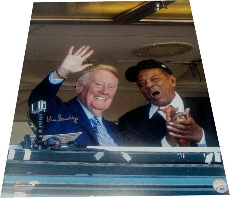 Vin Scully Autographed 16X20 Photo Poster painting Dodgers HOF Announcer Willie Mays Smile MLB