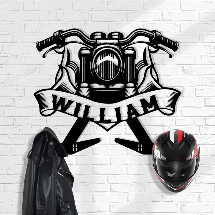 Custom Metal Motorcycle Helmet Holder Wall Mount, Personalized Name Helmet Display Organizer with Hooks, Metal Helmet Hanger, Helmet Holder for Bike Tactical Gear Helmet Coats Caps