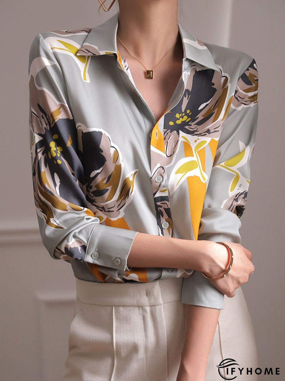 Elegant Floral Shirt Collar Long Sleeve Blouse | IFYHOME