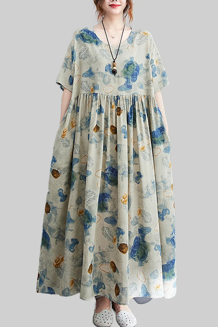 Beige Linen Pattern Printed Half Sleeve Pleated Maxi Dress