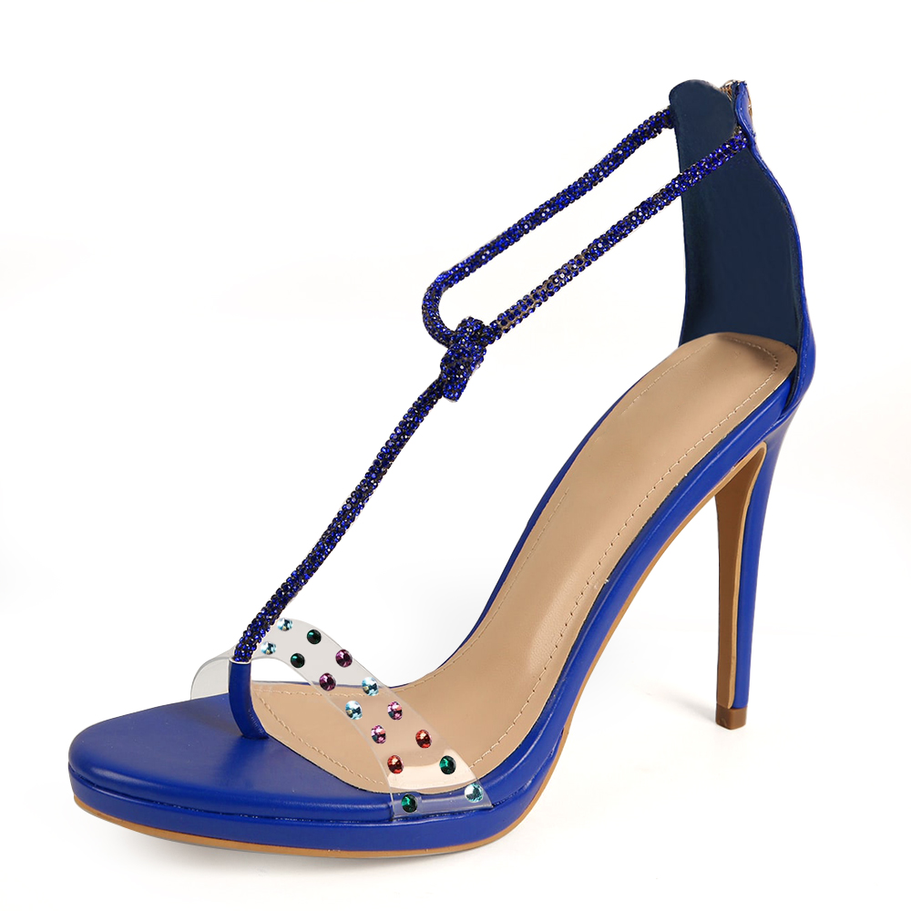 Blue Open Round Toe T-Strap Stiletto Heeled Sandals with Rhinestone Nicepairs