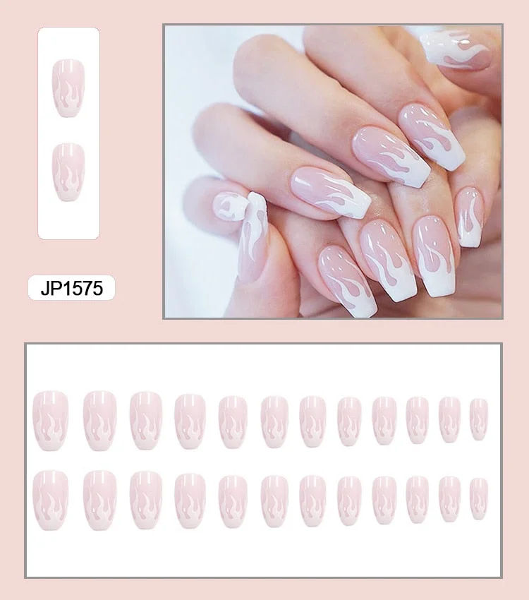 24PCS Dark Punk False Nails with Glue Gradient Long Detachable Fire Stick on Nails Skull Flame  Art DIY Fashion Manicure Tool-Nail Inspo