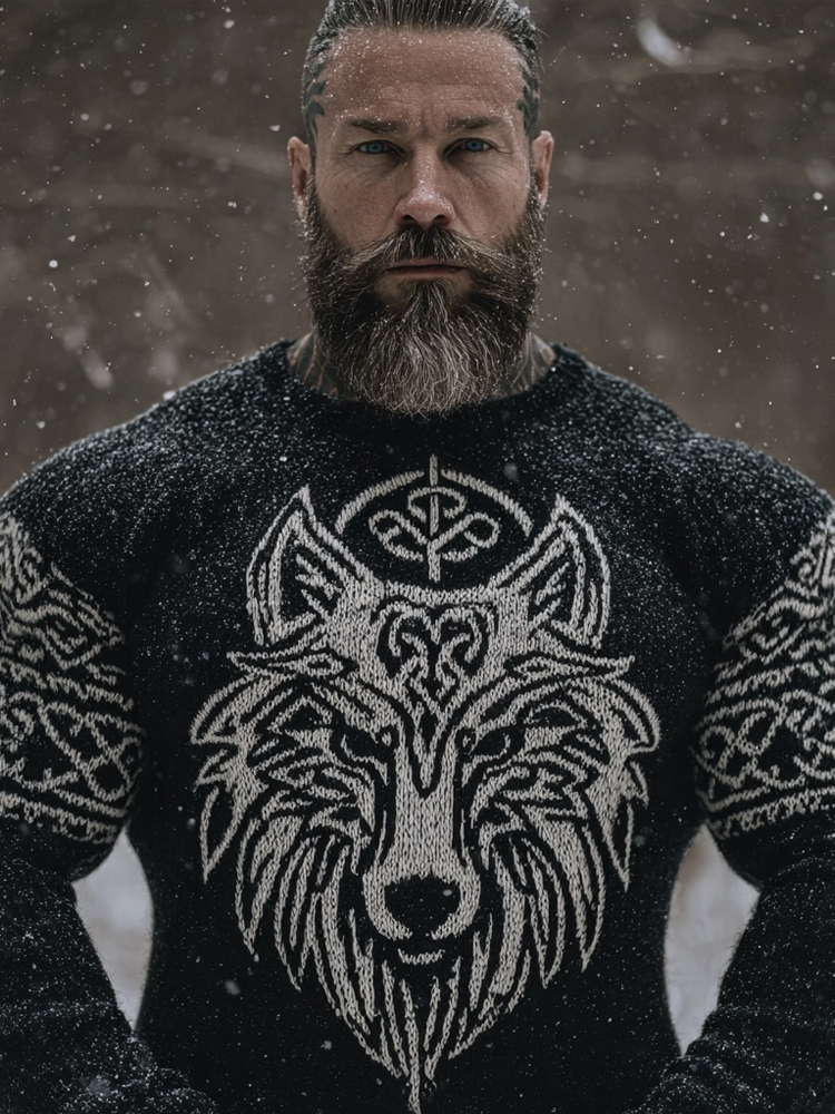 Men's Viking Style Vintage Wolf Art Cozy Knit Sweater elevenforest