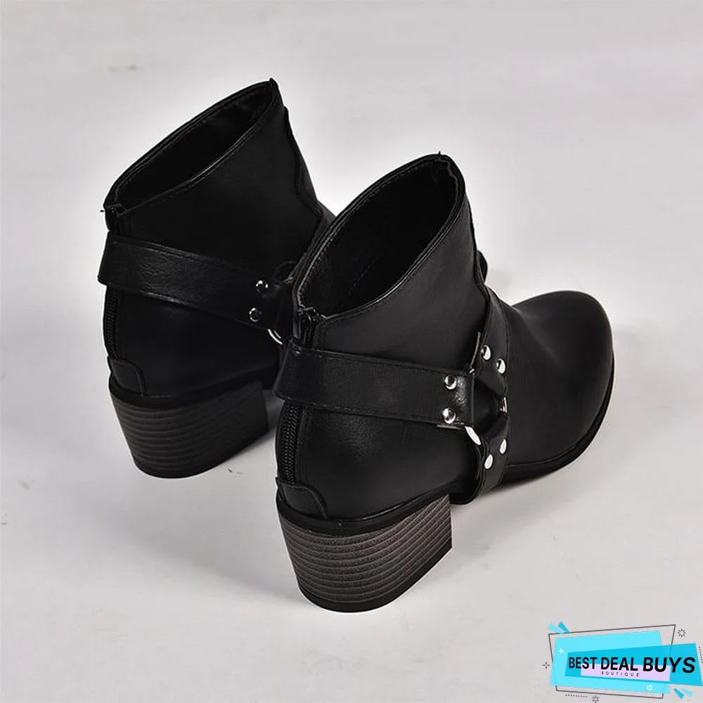 Women Boots Vintage Leather High Heels Shoes Bota Woman Autumn Short Boot Winter Buckle Daily Ankle Boots