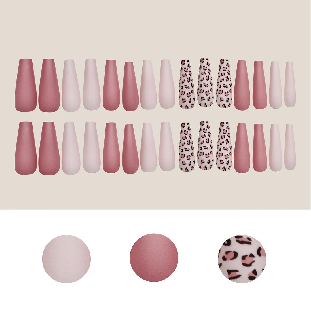 24/30Pcs Pink Leopard Designs False Nails French Long Coffin Artificial Fake Nail Fashion Full Cover Nail Art Tips Press on Nail-Nail Inspo