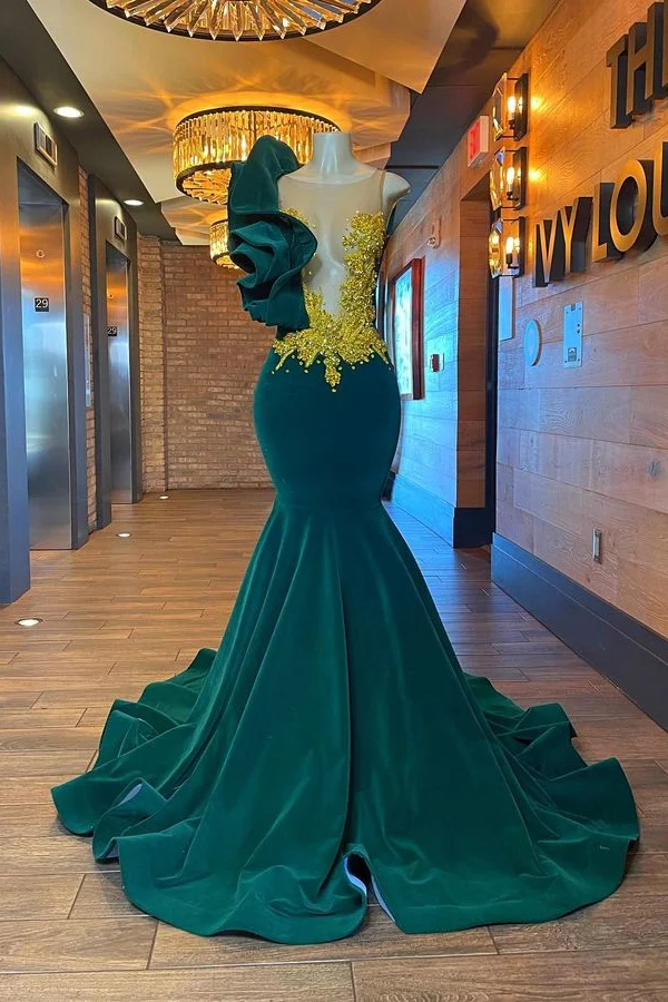 Bellasprom Dark Green One Shoulder Mermaid Prom Dress With Appliques
