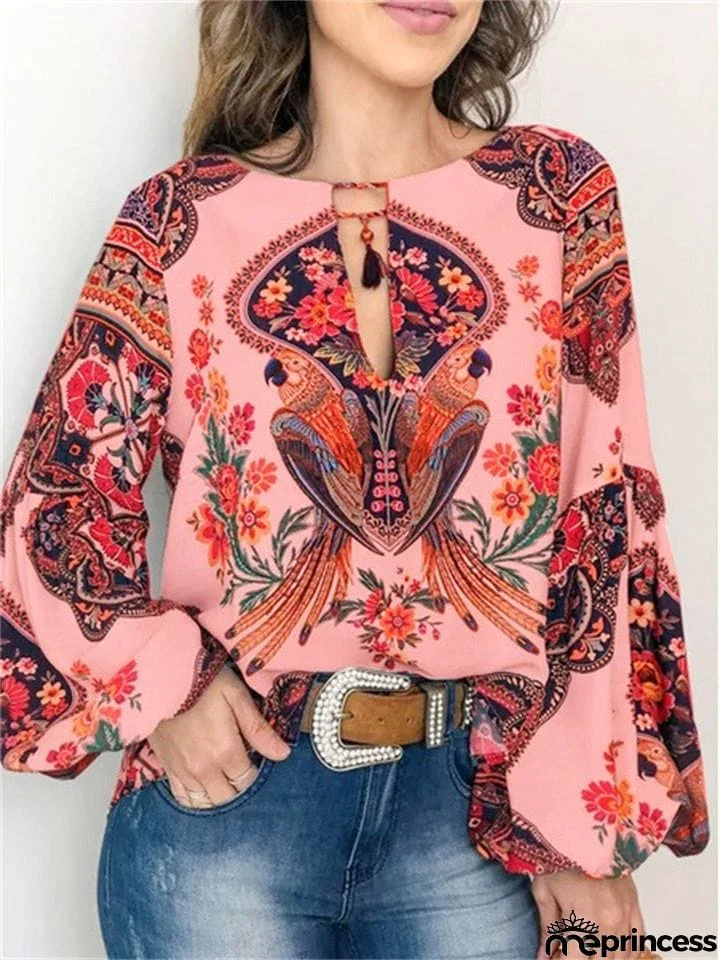 Distinctive Retro Style Printed Round Neck Long Lantern Sleeve Blouse