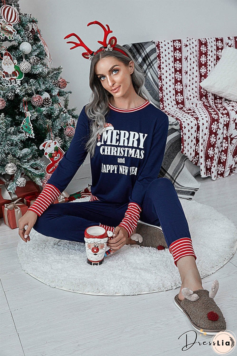 Striped Trim Letter Graphic Round Neck Top and Pants Set