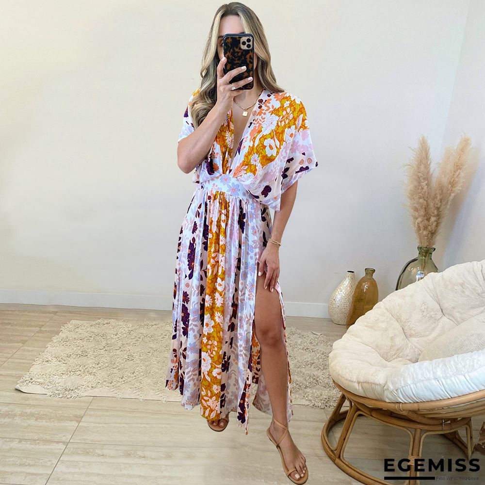 Bat Sleeve V-neck Printed Beach Dress | EGEMISS