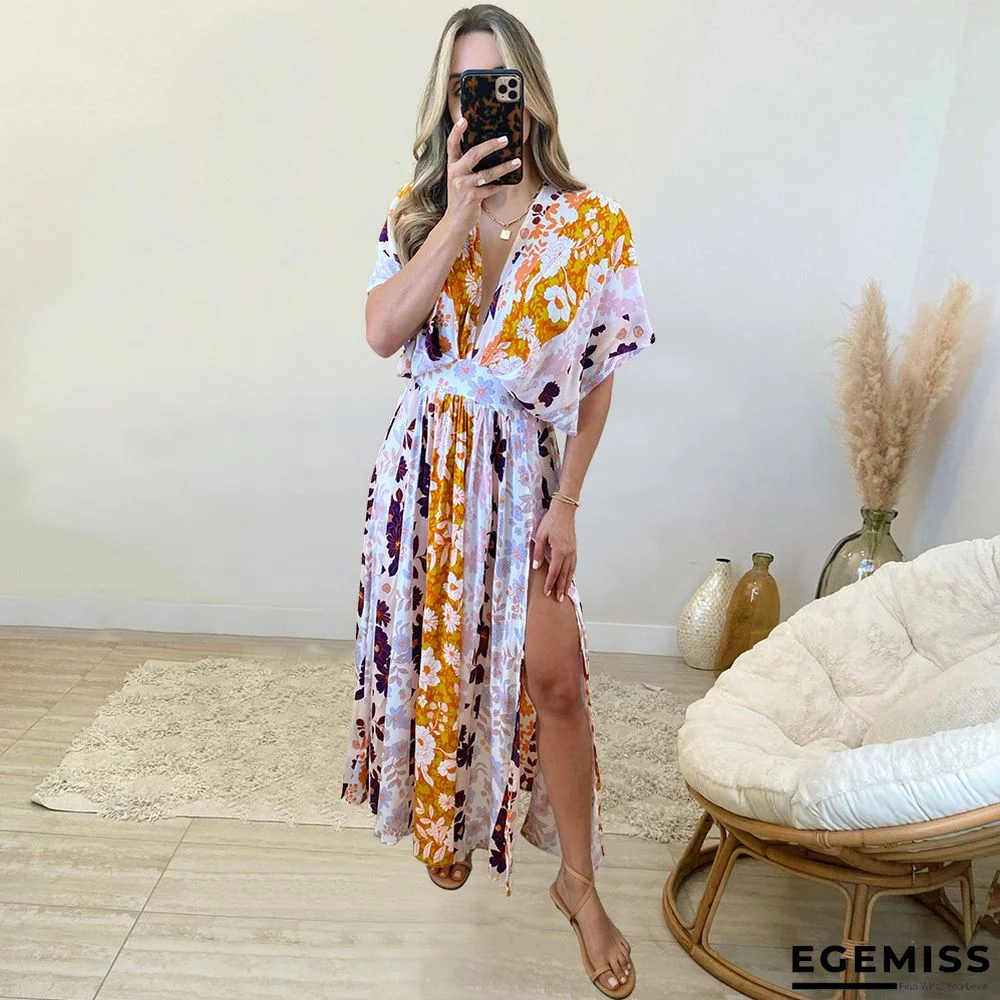 Bat Sleeve V-neck Printed Beach Dress | EGEMISS