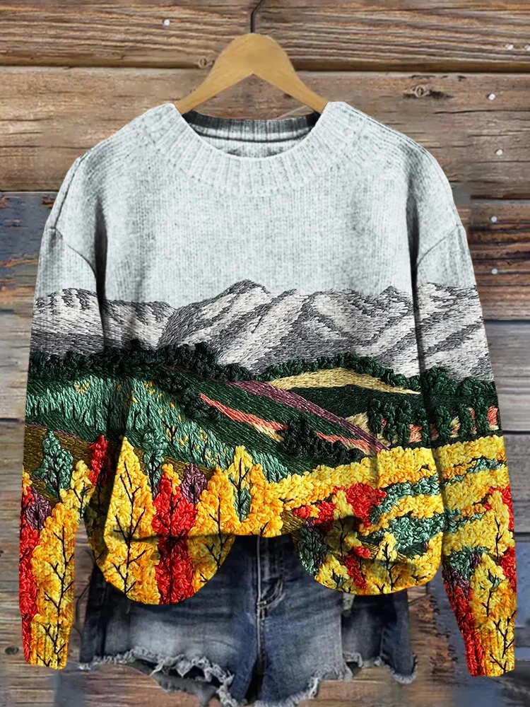 🔥kukelife🔥Mountain Range and Forest Embroidery Art Cozy Sweater