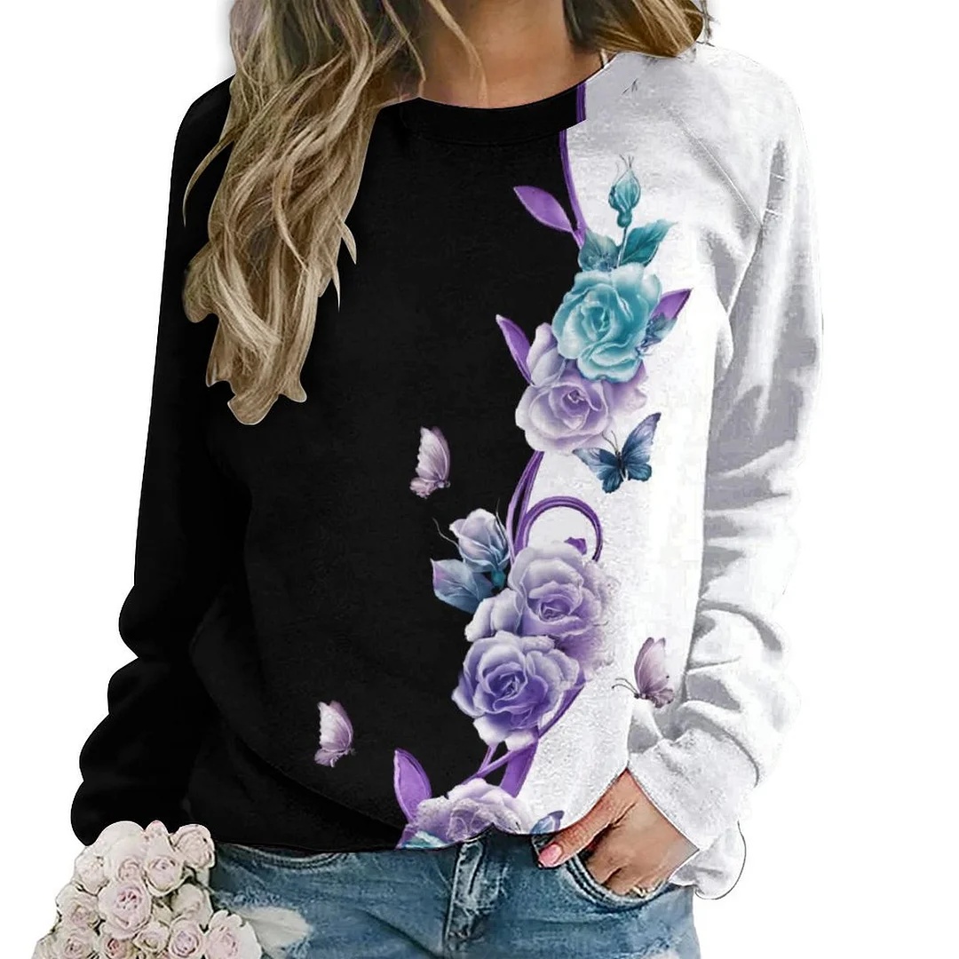 Printed Long Sleeve Casual Sweatshirt for  Women and Men Unisex Pattern Butterfly, Black, Floral, Purple, Blue
