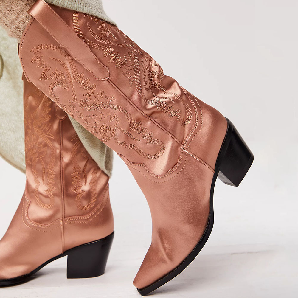 Pink Satin Pointed Toe Chunky Heel Mid-Calf Cowboy Boots for Women Nicepairs