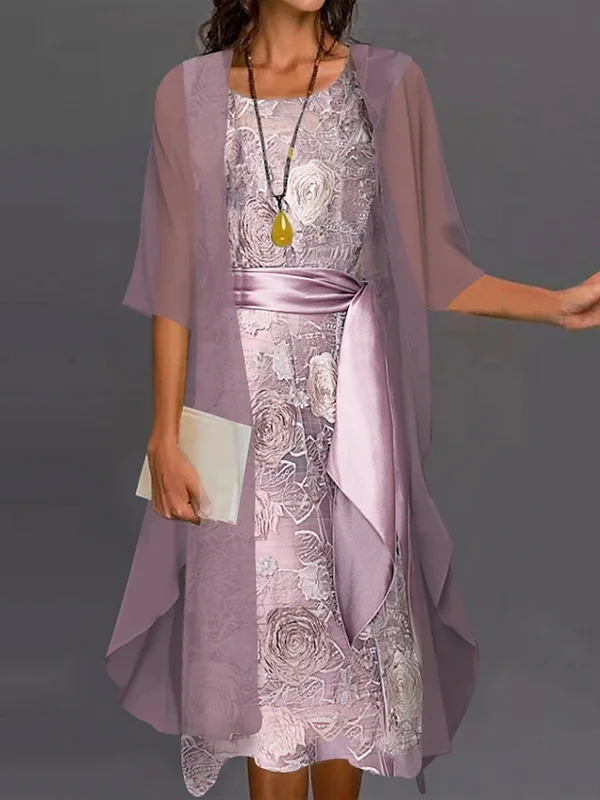 Women's Half Sleeve Floral Pleated Two-Piece Dress