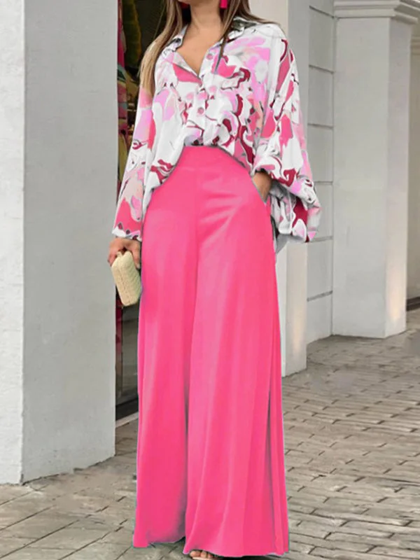 Long Sleeves Floral Printed Blouses + High-Waisted Solid Color Wide Leg Pants Trousers Two Pieces Set