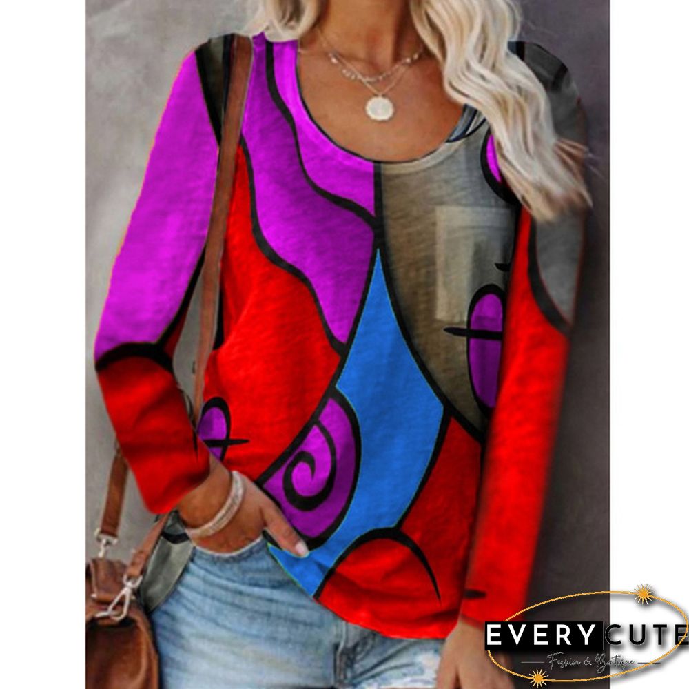 New Autumn and Winter Women's Casual Blouses Long-sleeved T-shirt Stitching Color Printed Tops Plus Size