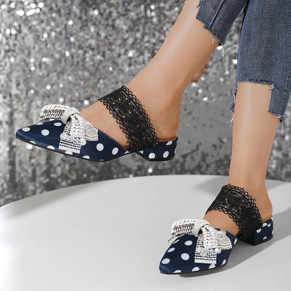 Blue Flats Lace Strap Pointed Toe Spot Flats Nicepairs