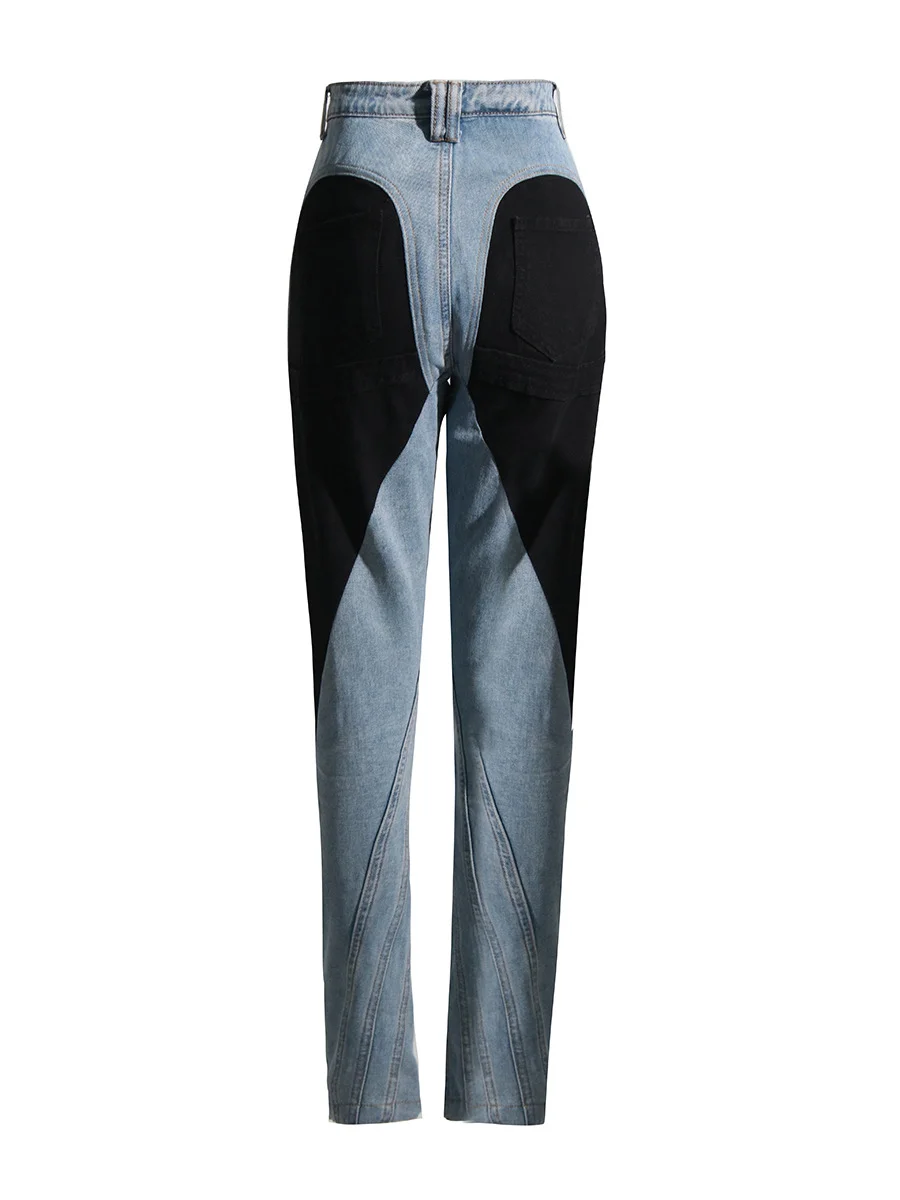 Wongn Wongn Niche Design 2024 New Middle Waist Contrast Color Splicing Washed Light Color Small Foot Jeans Trousers