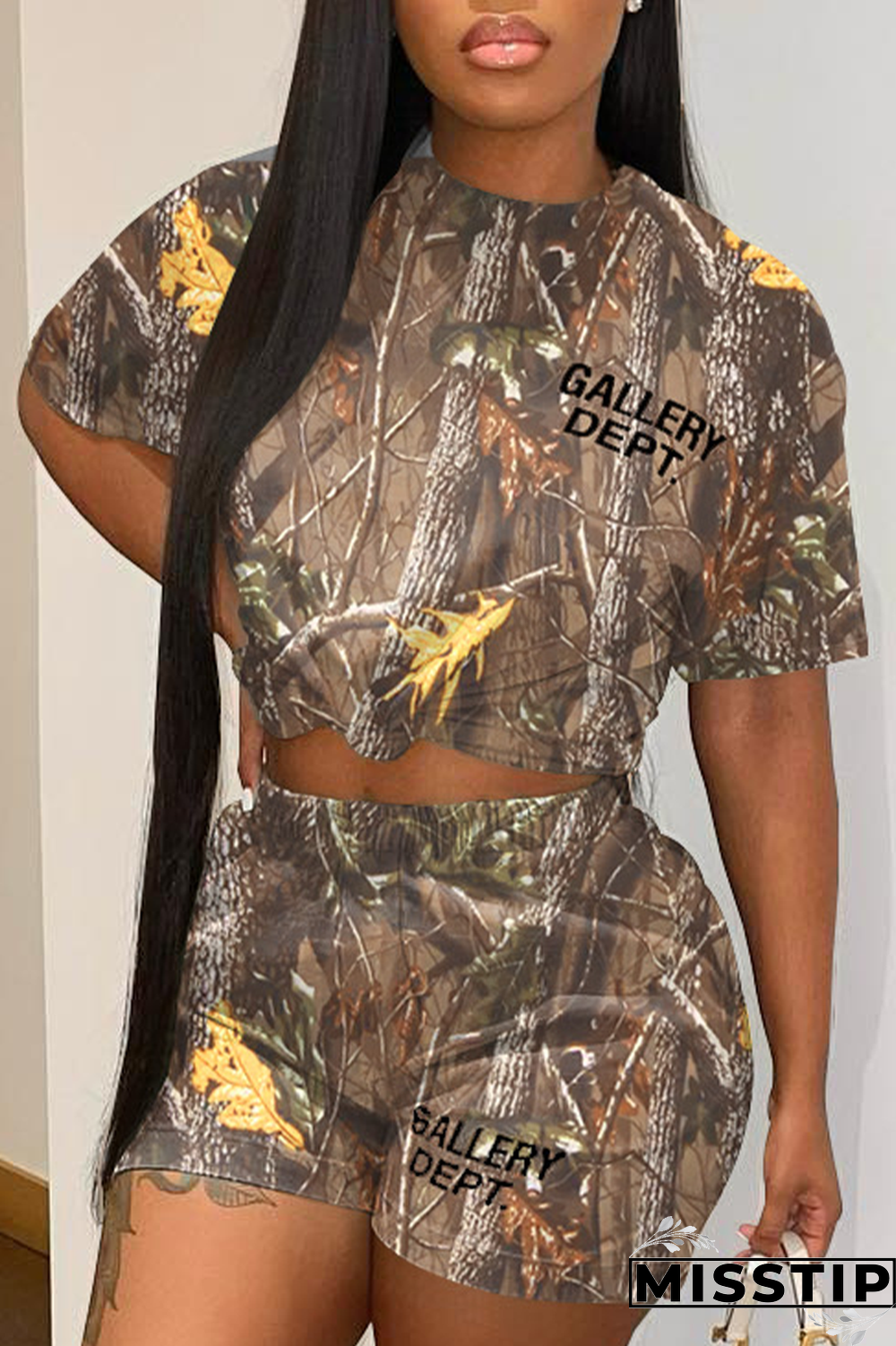 Brownness Casual Street Camouflage Print Patchwork Pocket O Neck Short Sleeve Two Pieces