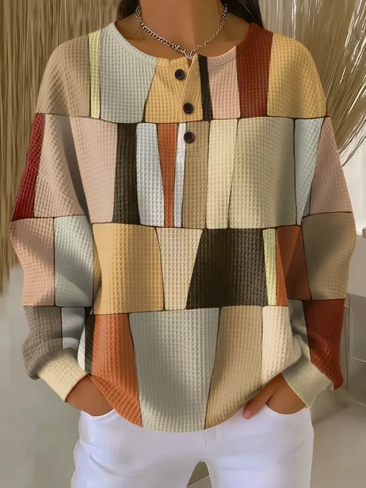 Women's Geometric Pattern Art Print Casual Waffle Sweatshirt