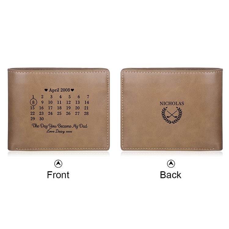 Custom Calender Wallet with Name Tools Pattern Engraved on The Back - Gift for Him
