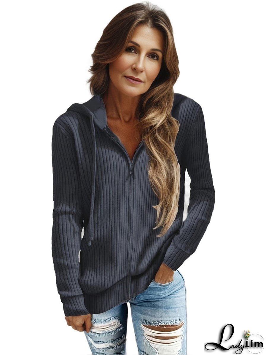 Plus Size Casual Coat, Women's Plus Solid Ribbed Zip Up Long Sleeve Drawstring Hoodie Sweater