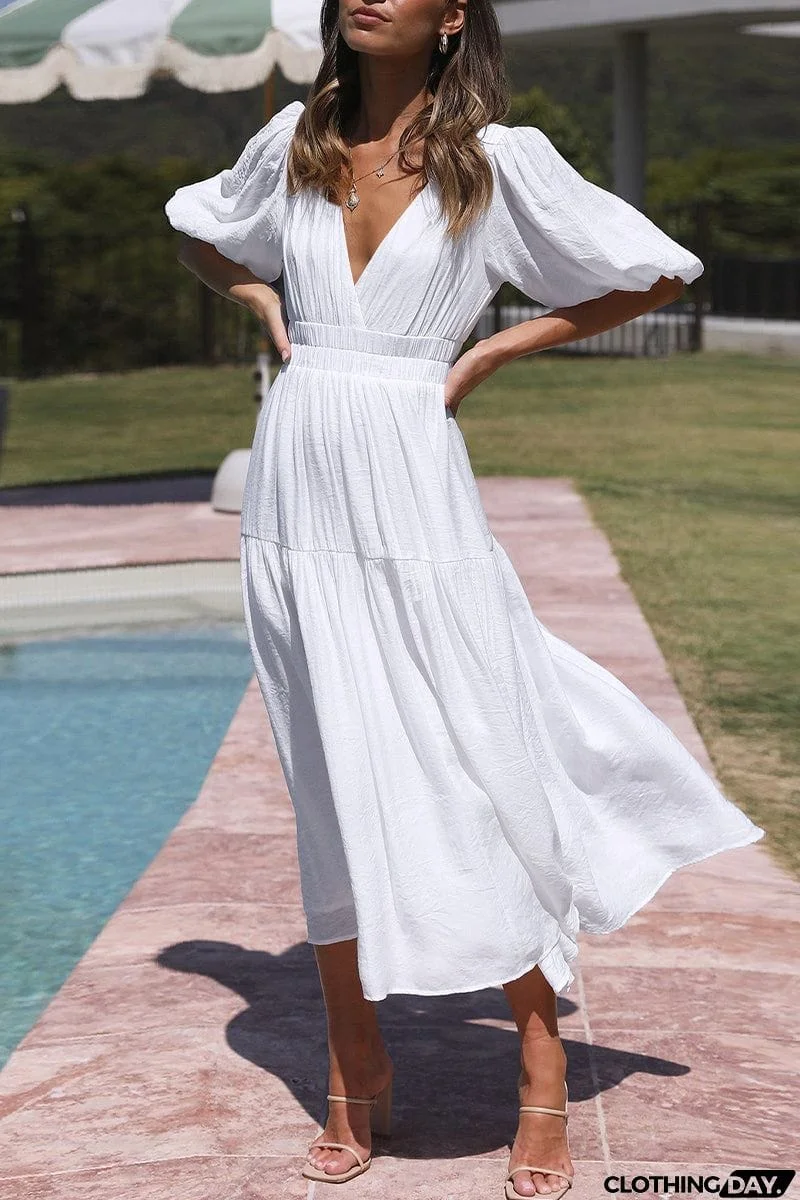 Elegant Solid V Neck A Line Dresses