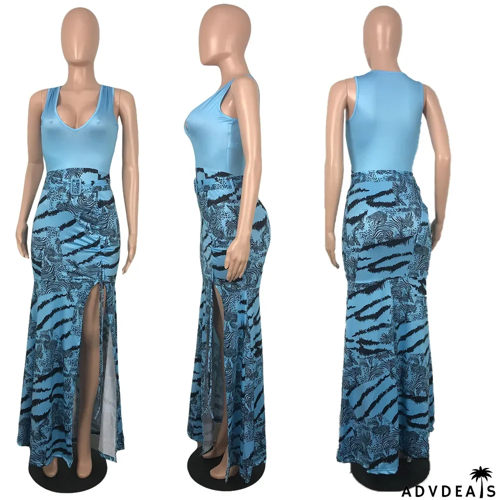 Women Summer Sleeveless V-Neck Print Pleated Dress