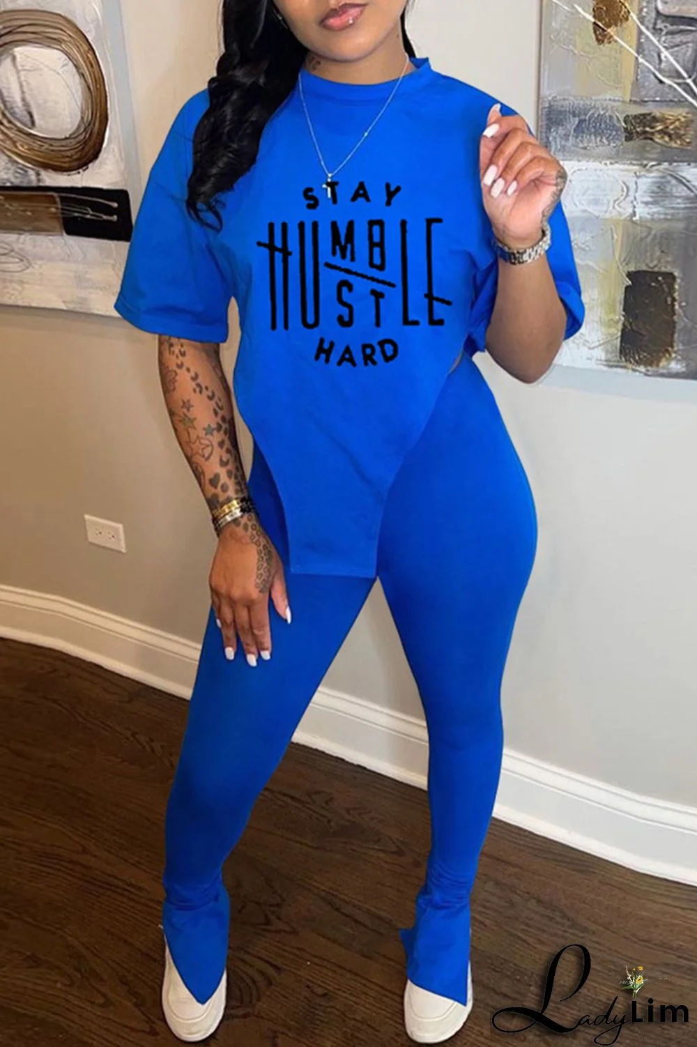 Pink Fashion Casual Print Slit Asymmetrical O Neck Short Sleeve Two Pieces