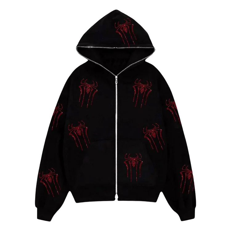 Unisex Red Spider Rhinestone Printing Loose Zip Up Hoodie