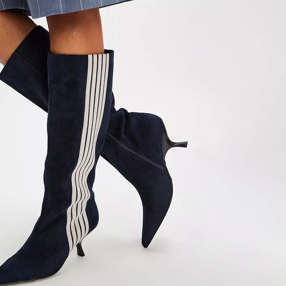 Navy Pointed Toe White Stripes Kitten Heel Zip Below The Knee Boots