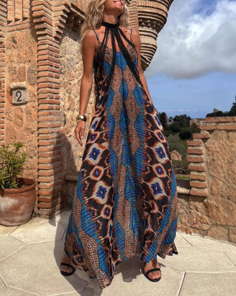 Positioning Print Sling Long Dress